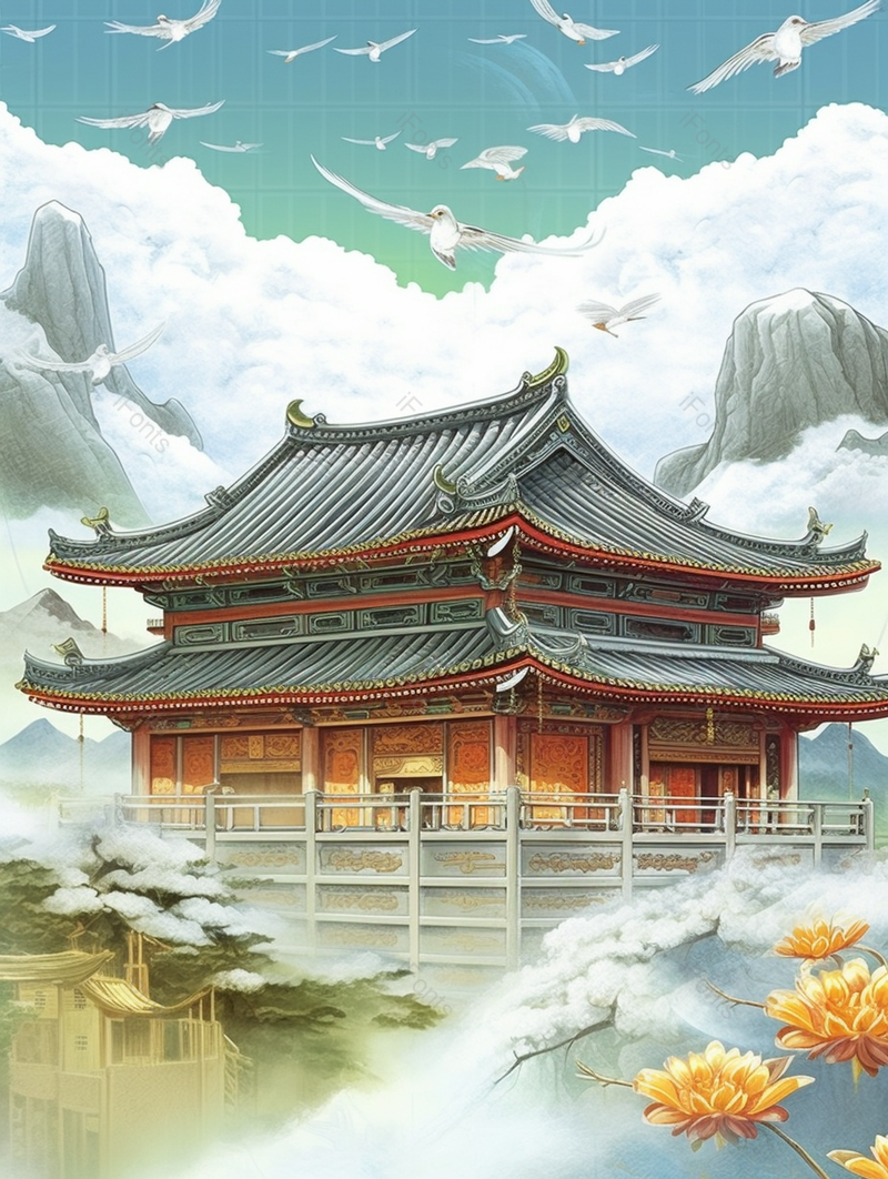 山峰上的古建筑有一群鸟正在翱翔中国风背景,插画/手绘图,插画/手绘图库,插画/手绘图下载,插画/手绘